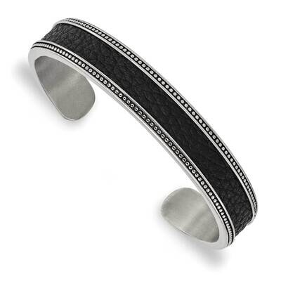 Polished with Textured Leather Inlay 12mm Bangle Stainless Steel Antiqued SRB2933, MPN: SRB2933, 19…