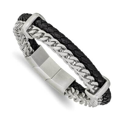 Leather and Chain 8 Inch with .5 Inch Extender Bracelet Stainless Steel Brushed SRB2452-8, MPN: SRB…