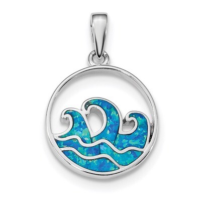 Blue Created Opal Wave Pendant Sterling Silver Rhodium-plated QP4861, MPN: QP4861, 886774012964