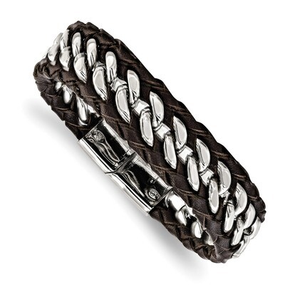 Brown Leather 8.5 Inch Bracelet Stainless Steel Polished SRB1810-8.5 by Chisel, MPN: SRB1810-8.5, 1…