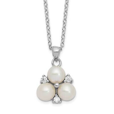 CZ Diamond 5-6mm White Button Cultured Freshwater Pearl Necklace Sterling Silver Rhodium-plated QH5…
