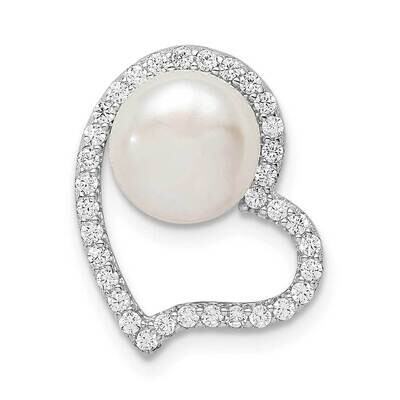 Heart &amp; White Freshwater Cultured Pearl Chain Slide Sterling Silver Rhodium Plated CZ Diamond QP535…