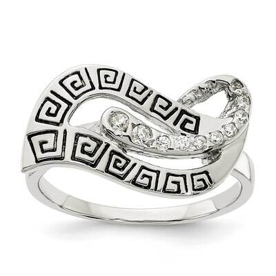 CZ Diamond Enameled Greek Key Ring Sterling Silver Polished QR7282, MPN: QR7282,