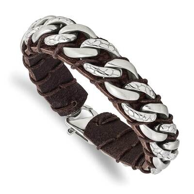 Textured Brown Leather 8.5 Inch Bracelet Stainless Steel Brushed Polished SRB2761-8.5, MPN: SRB2761…