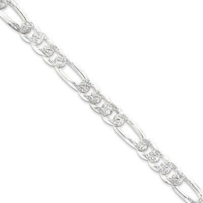 24 Inch 10.5mm Pave Flat Figaro Chain Sterling Silver QFF300-24, MPN: QFF300-24, 886774411149