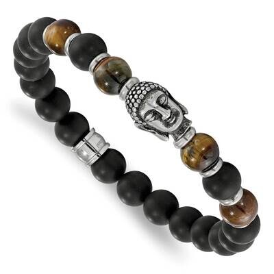 Buddha Black Agate Tiger Eye Beaded Stretch Bracelet Stainless Steel SRB2238 by Chisel, MPN: SRB223…