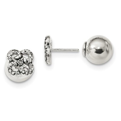 CZ Diamond Flower Front &amp; Back Post Earrings Sterling Silver Antiqued QE13337, MPN: QE13337, 191101…