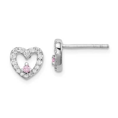 Pink &amp; Clear CZ Diamond Heart Post Earrings Sterling Silver Rhodium Plated QE15235, MPN: QE15235, 8…