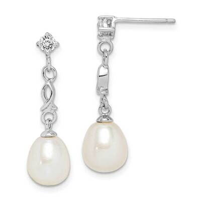 7-8mm White Rice Freshwater Cultured Pearl CZ Diamond Earrings Sterling Silver Rhodium Plated QE152…