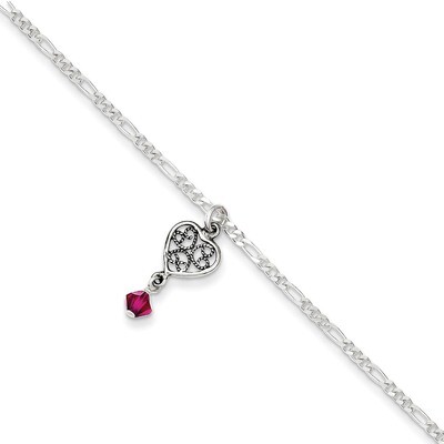 10 Inch Dark Pink Crystals Dangling Hearts Anklet Antiqued Sterling Silver QG1209-10, MPN: QG1209-1…