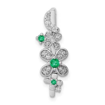 Rhodium Plated Diamond &amp; Emerald Flower Chain Slide 14k White Gold PM3985-EM-010-WA, MPN: PM3985-EM…