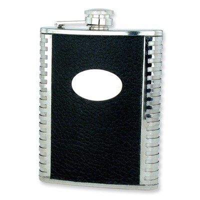 Black Faux Leather Polished Stainless Steel 8Oz Hip Flask GP2761, MPN: GP2761, 788089036690