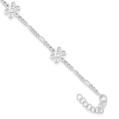 9 Inch Flower &amp; Extension Anklet Sterling Silver Polished QG3180-9, MPN: QG3180-9, 886774988825