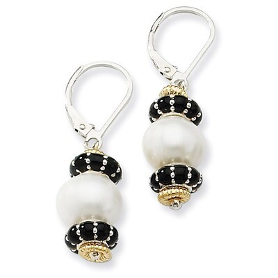 9.5mm Fresh Water Cultured Pearl &amp; Enameled Bead Ear Sterling Silver &amp; 14k Gold QTC531