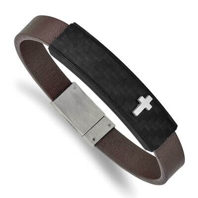 Solid Carbon Fiber Brown Faux Leather 8 Inch Bracelet Stainless Steel Polished SRB2396-8, MPN: SRB2…