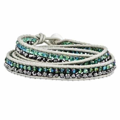Green Aurora Borealis &amp; Grey Crystal Bead Leather Bracelet Multi Wrap BF1625, MPN: BF1625, 19110109…