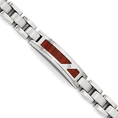 Brushed &amp; Polished with Wood Inlay and Synthetic Diamond Bracelet - Stainless Steel SRB1758-8.5 by …