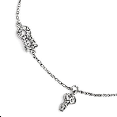 Lock Key Anklet with 1 Inch Extender Sterling Silver &amp; Cubic Zirconia QMP1122-9, MPN: QMP1122-9, 19…