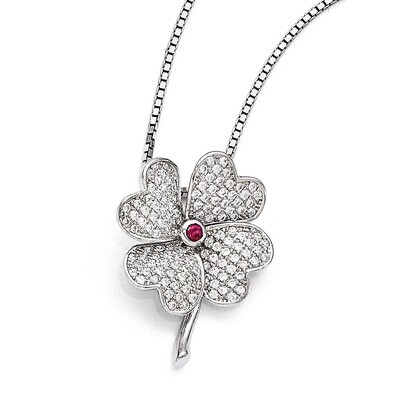 Cubic Zirconia &amp; Red Corundum Rhodium Necklace Sterling Silver QMP1173-18, MPN: QMP1173-18,