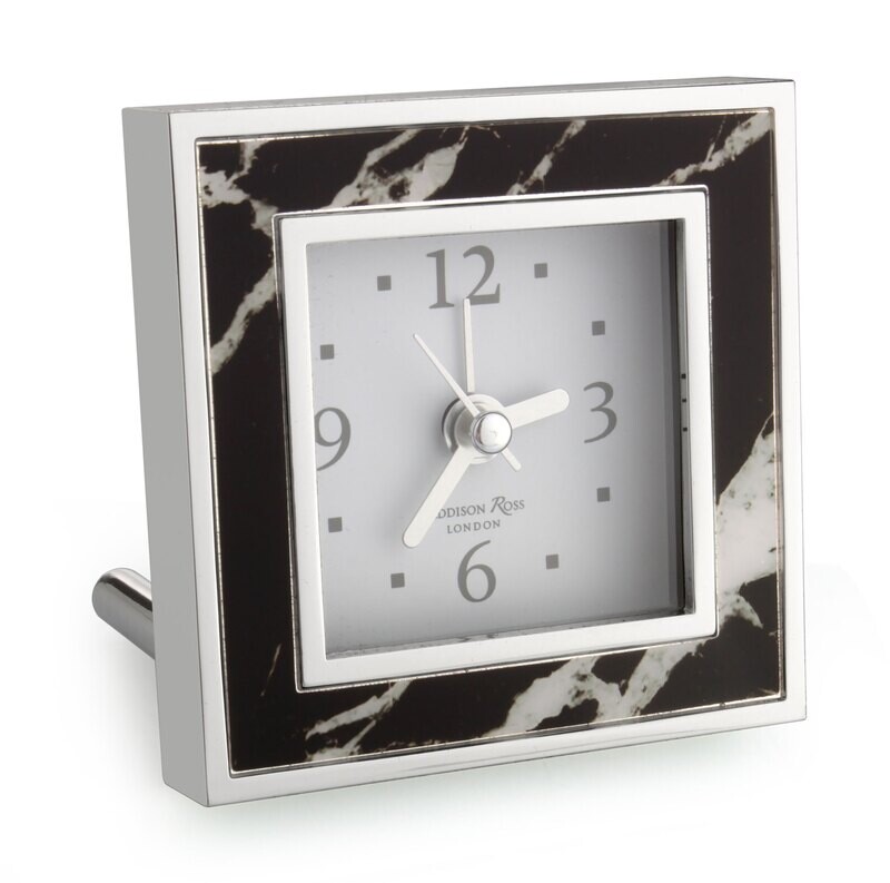 Addison Ross Black Marble Square Alarm Clock 3 x 3 Inch Silver-plated FR1012