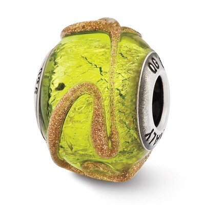 Light Green with Textured Lines Glass Bead - Sterling Silver QRS2590, MPN: QRS2590, 883957569857