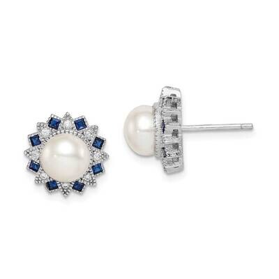 Freshwater Cultured Pearl, Syn. Blue Spinel &amp; CZ Diamond Earrings Sterling Silver Rhodium-plated QE…