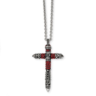 Red Crystal Cross Pendant Stainless Steel Antiqued and Polished SRN2343-22 by Chisel, MPN: SRN2343-…