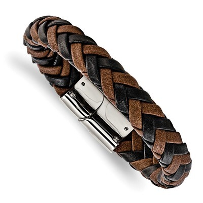 Black and Brown Leather 8.5 Inch Bracelet Stainless Steel Polished SRB1816-8.5 by Chisel, MPN: SRB1…