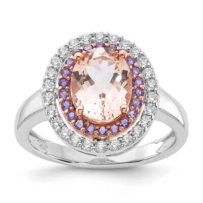 Sterling Silver with RG Morganite/Amethyst/CZ Oval Shape Ring RM3560-MGAM-SSWRCZ-7