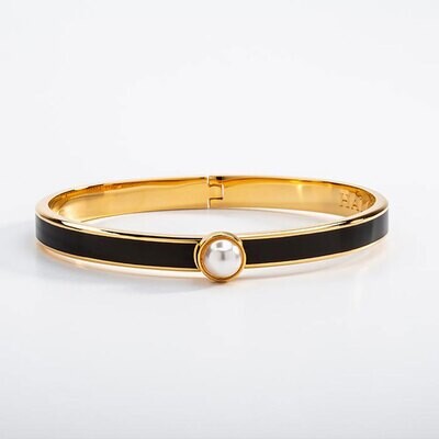 Halcyon Days 6mm Skinny Cabochon Pearl Black Gold Hinged Bangle Bracelet HBSCB0206G, MPN: HBSCB0206…