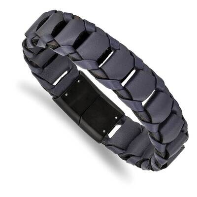Black Ip-Plated Blue Leather 8.5 Inch Bracelet Stainless Steel Brushed SRB2447-8.5, MPN: SRB2447-8.…