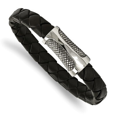 Black Leather Textured Bracelet Stainless Steel Polished SRB2005-8.5 by Chisel, MPN: SRB2005-8.5, 1…