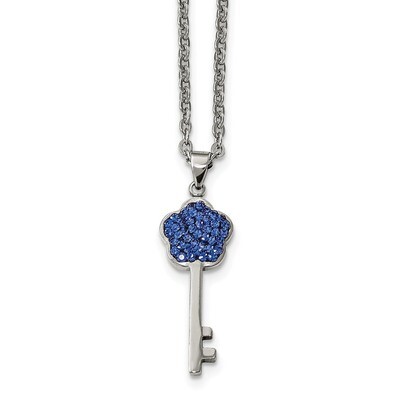 Blue Crystal Flower Top Key Pendant Necklace Stainless Steel Polished SRN2248-18 by Chisel, MPN: SR…