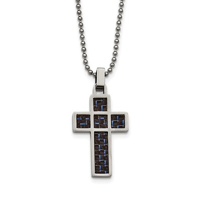 Black/Blue Carbon Fiber Inlay Cross 20 Inch Necklace Stainless Steel Polished SRN2024-20 by Chisel,…
