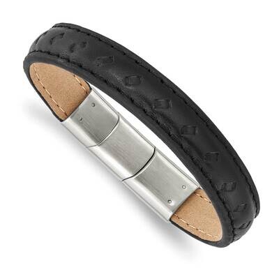 Black Leather with .5 Inch Extender 7.75 Inch Bracelet Stainless Steel Polished SRB2977-7.75, MPN: …
