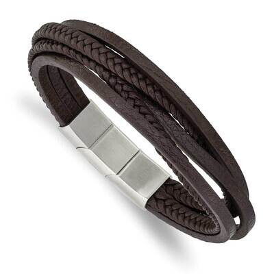 Brown Pu Leather Multi Strand with .5 Inch Extender Bracelet Stainless Steel Polished SRB2725-8, MP…