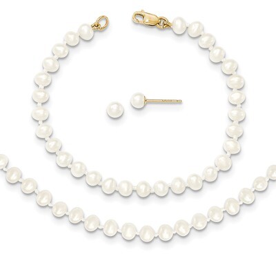 5 Inch 3-4mm Fresh Water Cultured Pearl 14in Necklace 5in. Bracelet Earring Set 14k Gold XF502SET, …
