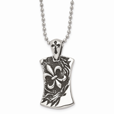 Fleur de lis Dog Tag 22 Inch Necklace Stainless Steel Antiqued SRN1038-22 by Chisel, MPN: SRN1038-2…
