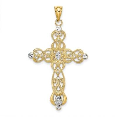 Scroll Design Cross Charm 14k Gold Rhodium Diamond-cut K9231, MPN: K9231, 637218085361