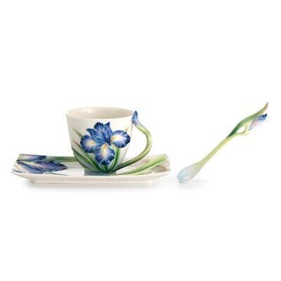 Franz Porcelain Eloquent Iris Flower Cup Saucer Spoon Set FZ02480, MPN: FZ02480,