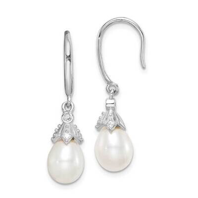 7-8mm White Rice Freshwater Cultured Pearl CZ Diamond Dangle Earrings Sterling Silver Rhodium Plate…