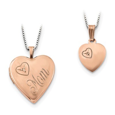 Rose Gold-Plated Diamond Polished Heart Locket &amp; Pendant Se Sterling Silver QLS665SET, MPN: QLS665S…
