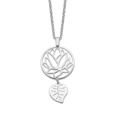 Flower &amp; Leaf Dangle with 2 Inch Extension Necklace Sterling Silver Rhodium-Plated QG5225-15.5, MPN…