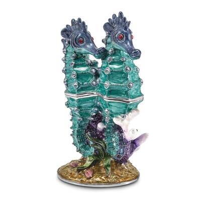 By Jere ECHO Twin Sea Horse Trinket Box with Matching 18 Inch Necklace Pewter Bejeweled Crystals Si…