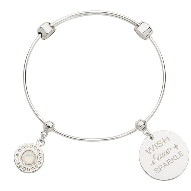 Nikki Lissoni Charm Bangle with Two Fixed Charms White Opal Wish Love Sparkle Silver-plated 21cm B1…