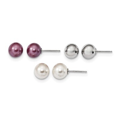 8-9mm Plum White Shell Pearl Post 3 Earring Set Sterling Silver Rhodium QE13847SET, MPN: QE13847SET…