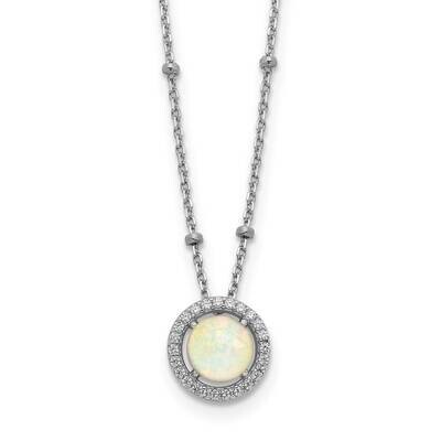 White Created Opal CZ Diamond Beaded with 2 In Extender Necklace 16 Inch Sterling Silver Rhodium-Pl…