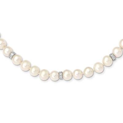9-10mm White off round Freshwater Cultured Pearl CZ Diamond Necklace Sterling Silver Rhodium Plated…