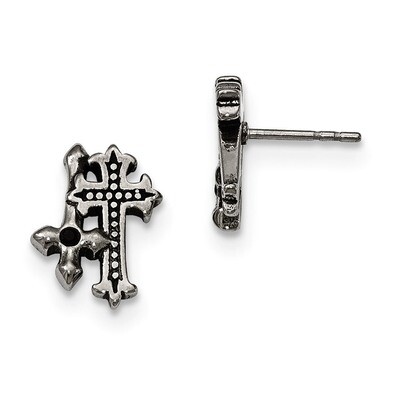 Antiqued &amp; Polished with Crystal Cross Post Earrings Stainless Steel SRE919