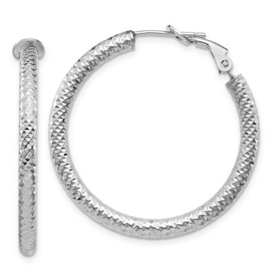 Leslie&#39;s 3x30 Round Omega Back Hoop Earrings 10k White Gold Diamond-cut HB-10LE468W, MPN: 10LE468W,…